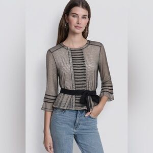 NEW DKNY Beaded Womens Top Size 2 Ivory Black Lace Blouse Shirt 3/4 Sleeve NWT